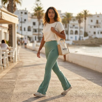Pantalon Large Fluide Vert d'Eau Taille Haute