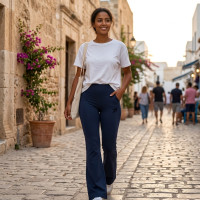 Pantalon Large Fluide Taille Haute Bleu Marine